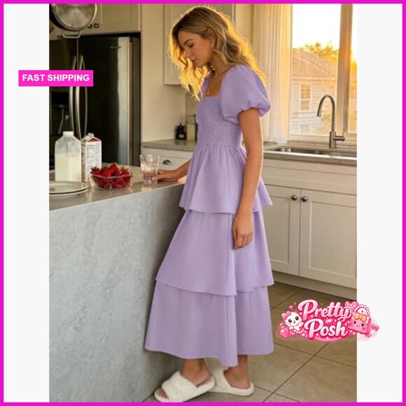 Puff Sleeve Midi Dress Backless Square Neck A-Line Tiered - Picture 4 of 7